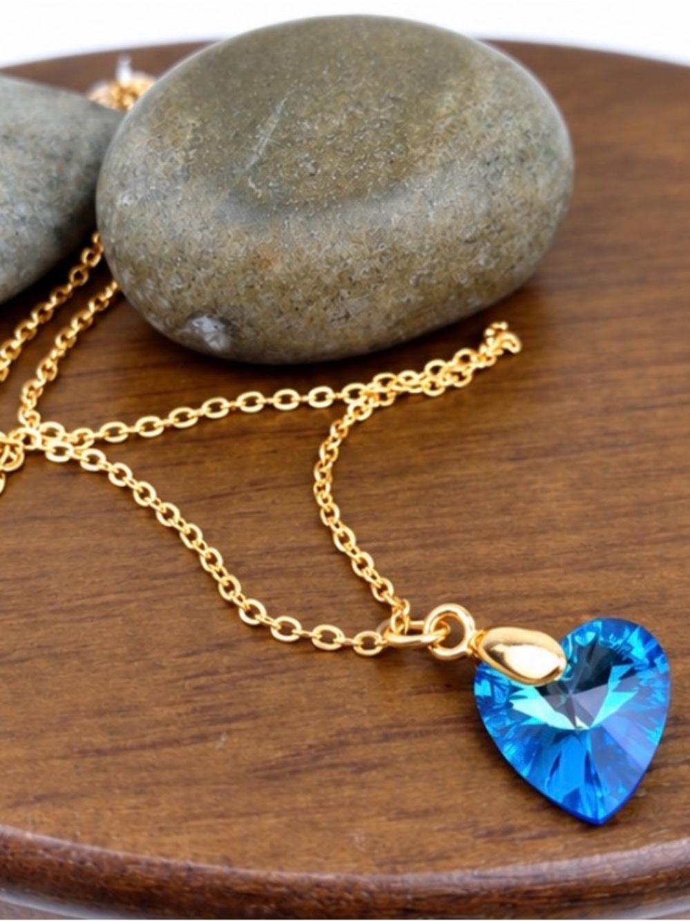 18K Gold Aqua Blue AB Crystal Heart Pendant Necklace